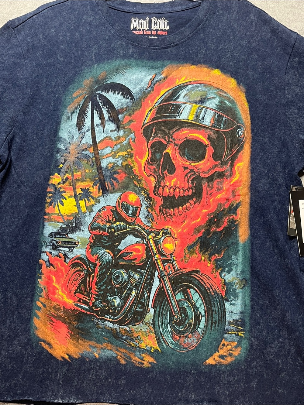 Mod Cult Skull Motorcycle Graphic Tee Boxy Fit Navy Large NWT Double Sided